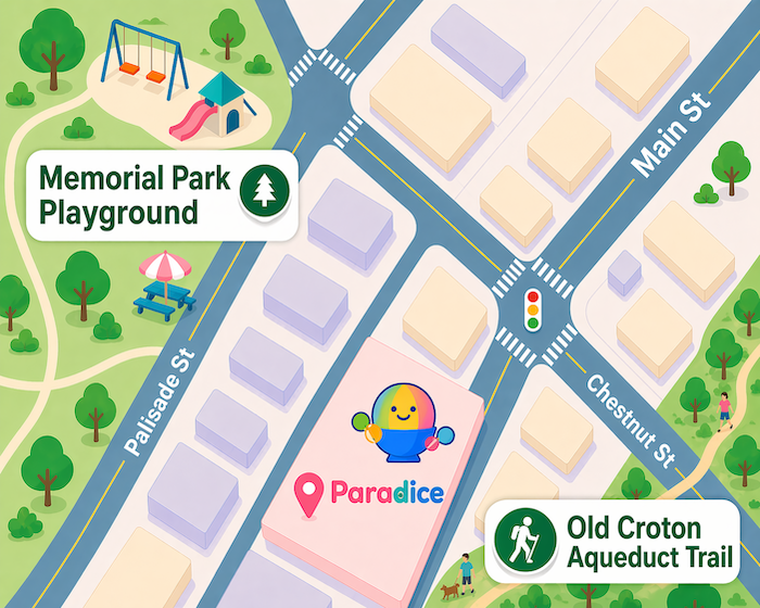 Illustrated map of Dobbs Ferry: Paradice Hawaiian Shaved Ice near Main, Palisade, and Chestnut Streets; Memorial Park Playground and Old Croton Aqueduct Trail labeled for context.